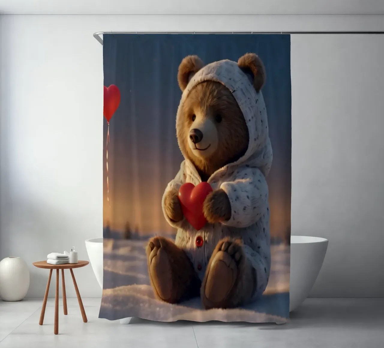 Un orsacchiotto con un'accogliente felpa con cappuccio stringe un cuore in una terra invernale tenda da doccia da DesignDoodle