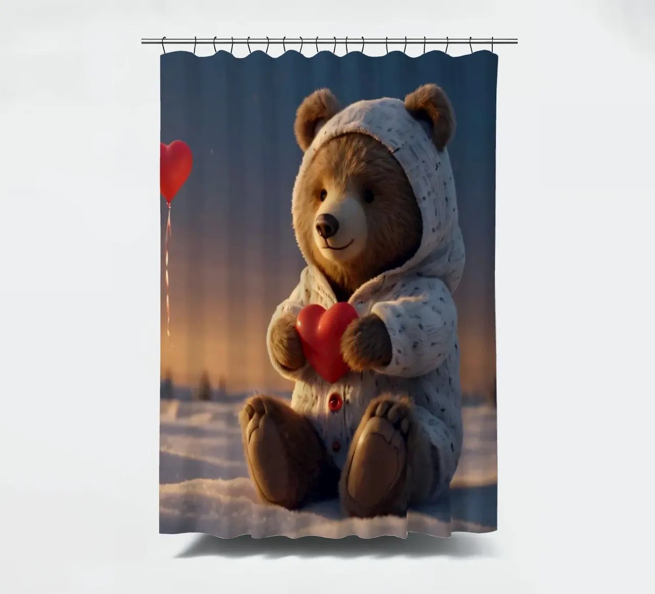 Un orsacchiotto con un'accogliente felpa con cappuccio stringe un cuore in una terra invernale tenda da doccia da DesignDoodle