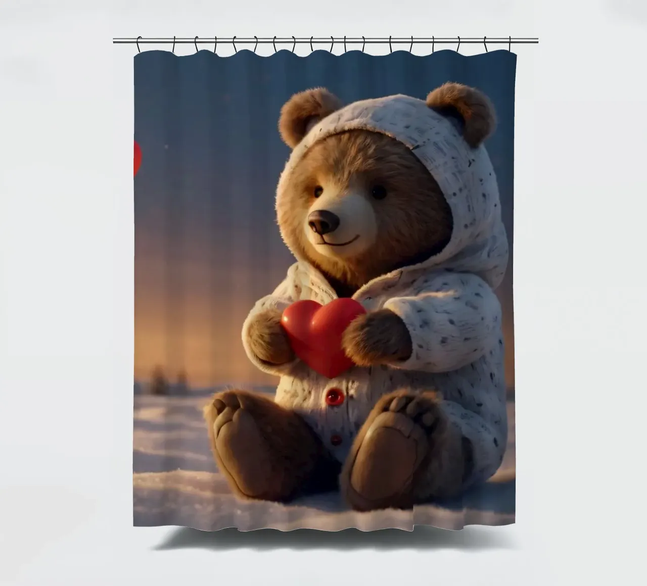 Un orsacchiotto con un'accogliente felpa con cappuccio stringe un cuore in una terra invernale tenda da doccia da DesignDoodle