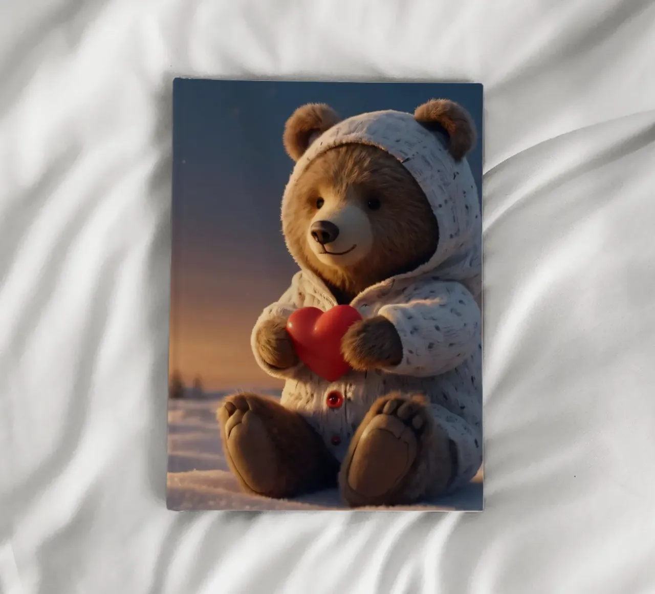 Un orsacchiotto con un'accogliente felpa con cappuccio stringe un cuore in una terra invernale diario da DesignDoodle