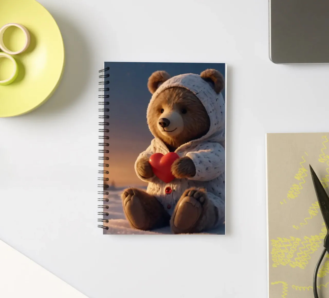 Un orsacchiotto con un'accogliente felpa con cappuccio stringe un cuore in una terra invernale diario ad anelli da DesignDoodle