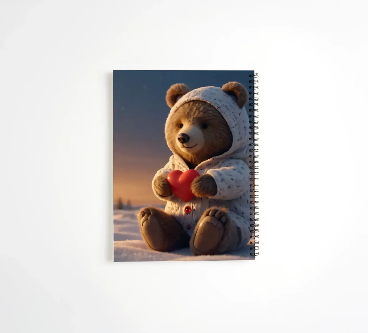 Un orsacchiotto con un'accogliente felpa con cappuccio stringe un cuore in una terra invernale diario ad anelli da DesignDoodle