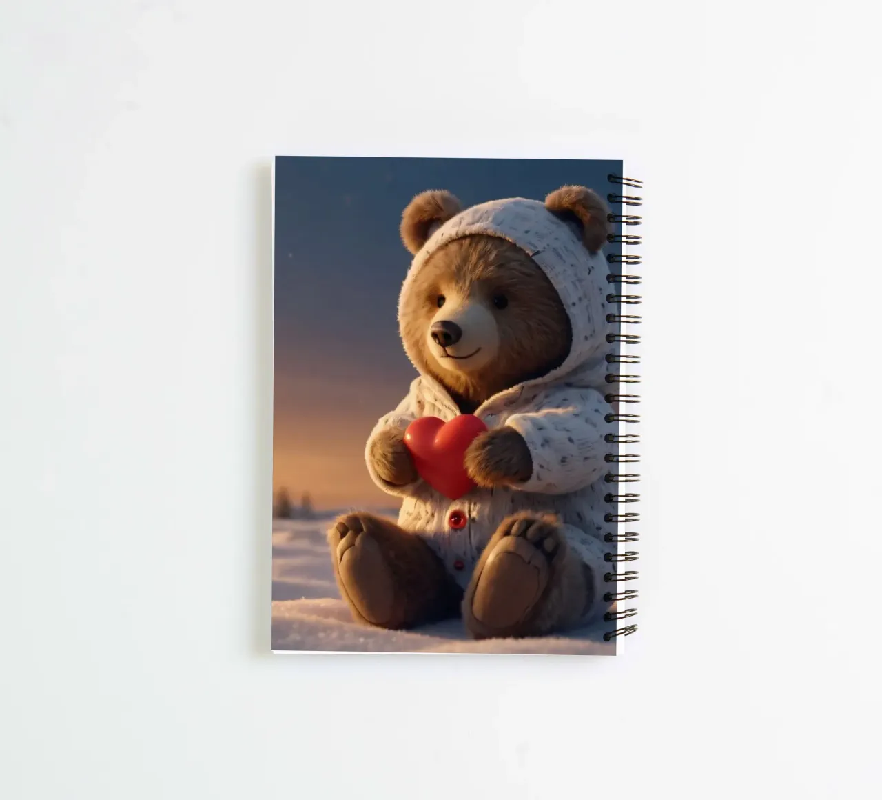 Un orsacchiotto con un'accogliente felpa con cappuccio stringe un cuore in una terra invernale diario ad anelli da DesignDoodle