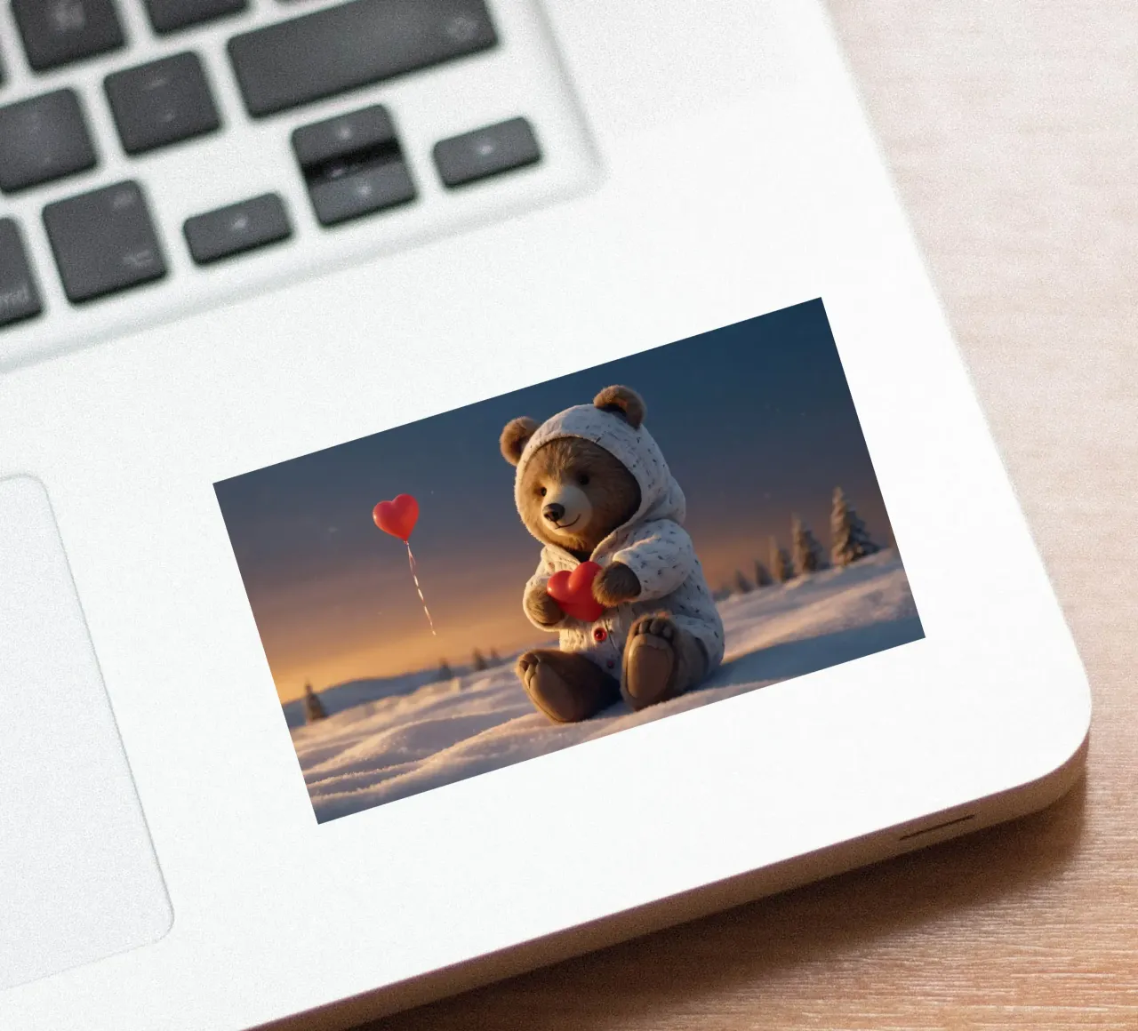 Un orsacchiotto con un'accogliente felpa con cappuccio stringe un cuore in una terra invernale adesivo da DesignDoodle