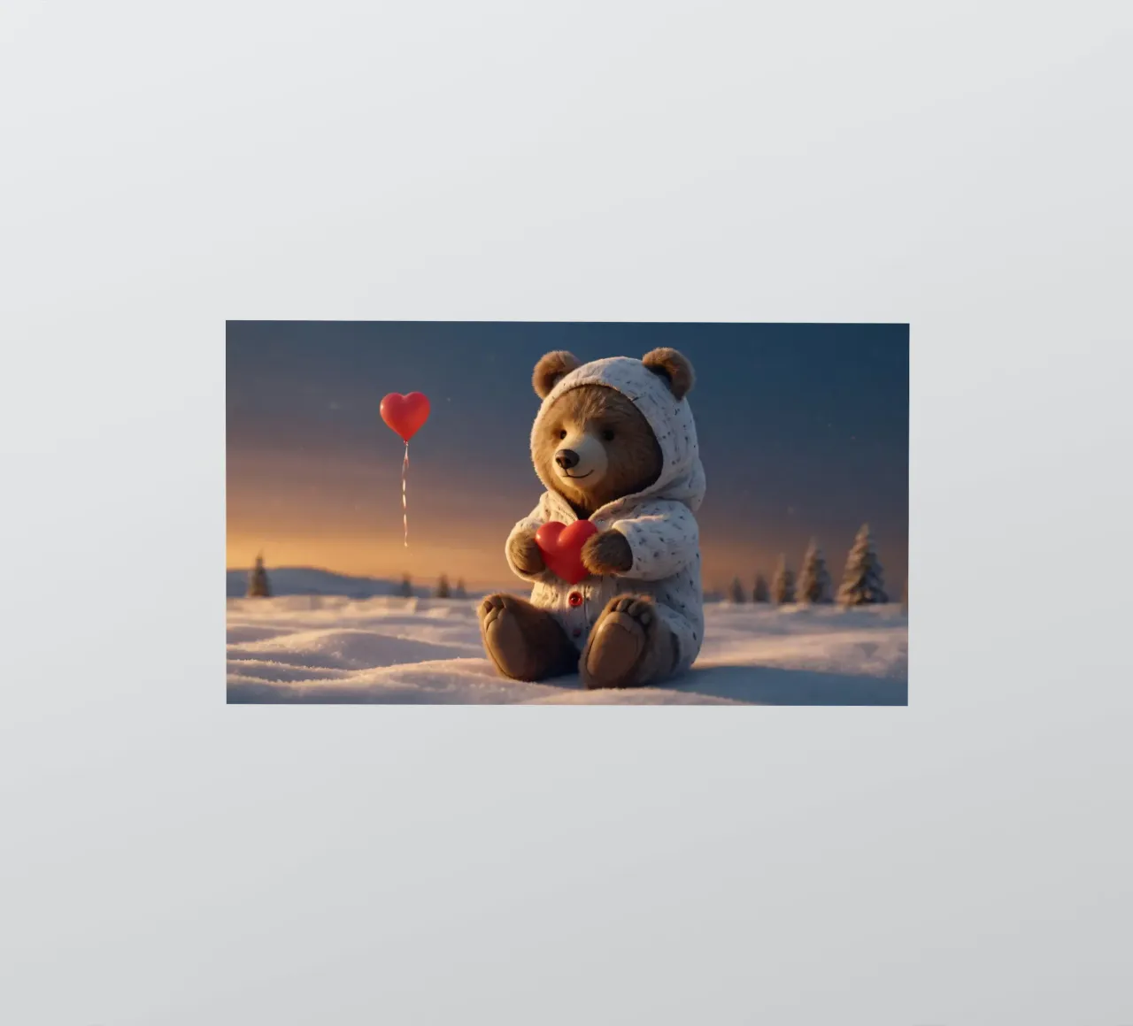 Un orsacchiotto con un'accogliente felpa con cappuccio stringe un cuore in una terra invernale adesivo da DesignDoodle