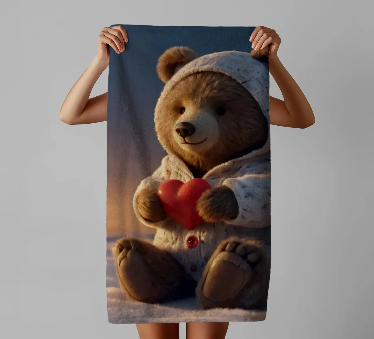 Un orsacchiotto con un'accogliente felpa con cappuccio stringe un cuore in una terra invernale asciugamano da bagno da DesignDoodle
