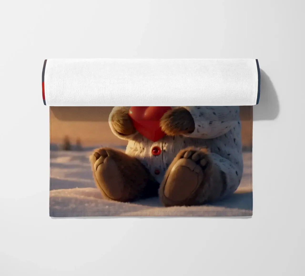 Un orsacchiotto con un'accogliente felpa con cappuccio stringe un cuore in una terra invernale telo mare da DesignDoodle