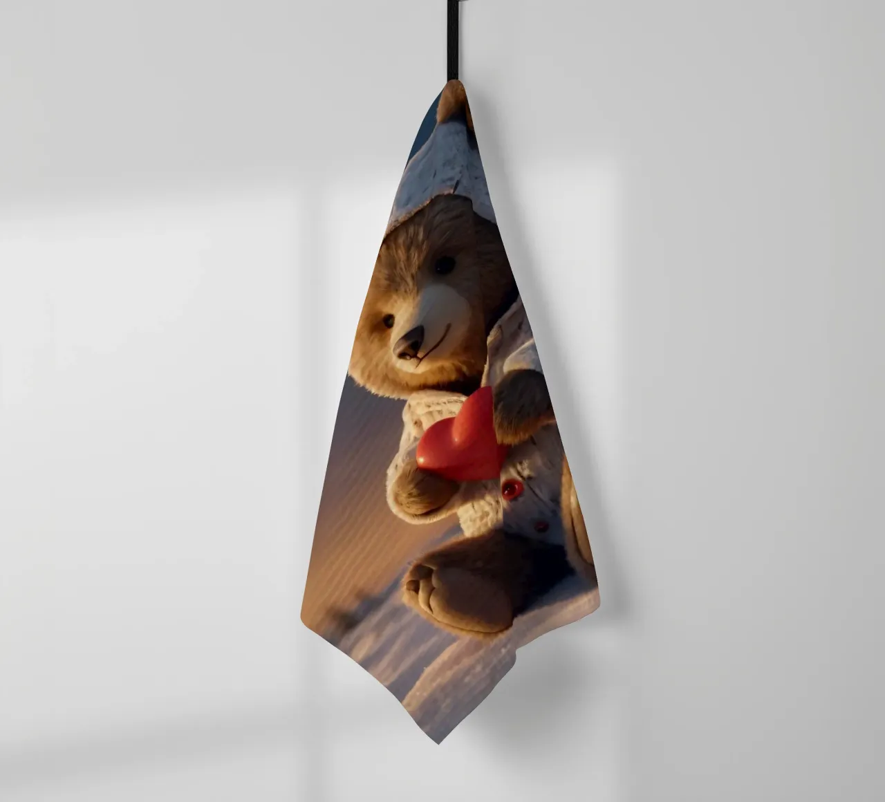 Un orsacchiotto con un'accogliente felpa con cappuccio stringe un cuore in una terra invernale canovaccio da cucina da DesignDoodle