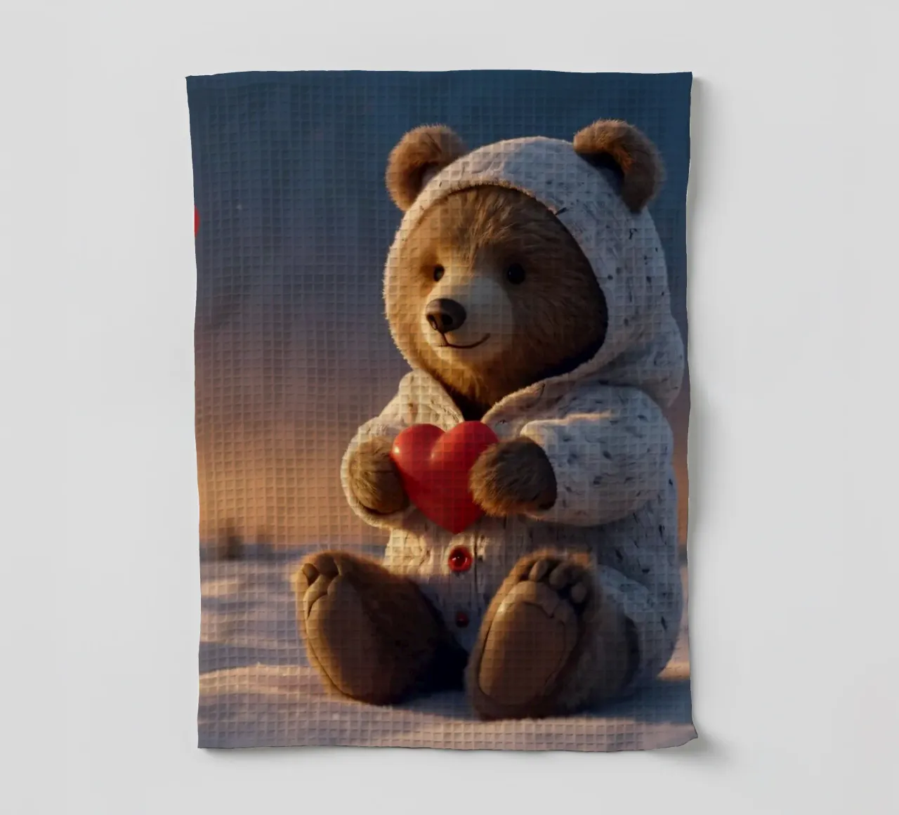 Un orsacchiotto con un'accogliente felpa con cappuccio stringe un cuore in una terra invernale canovaccio da cucina da DesignDoodle