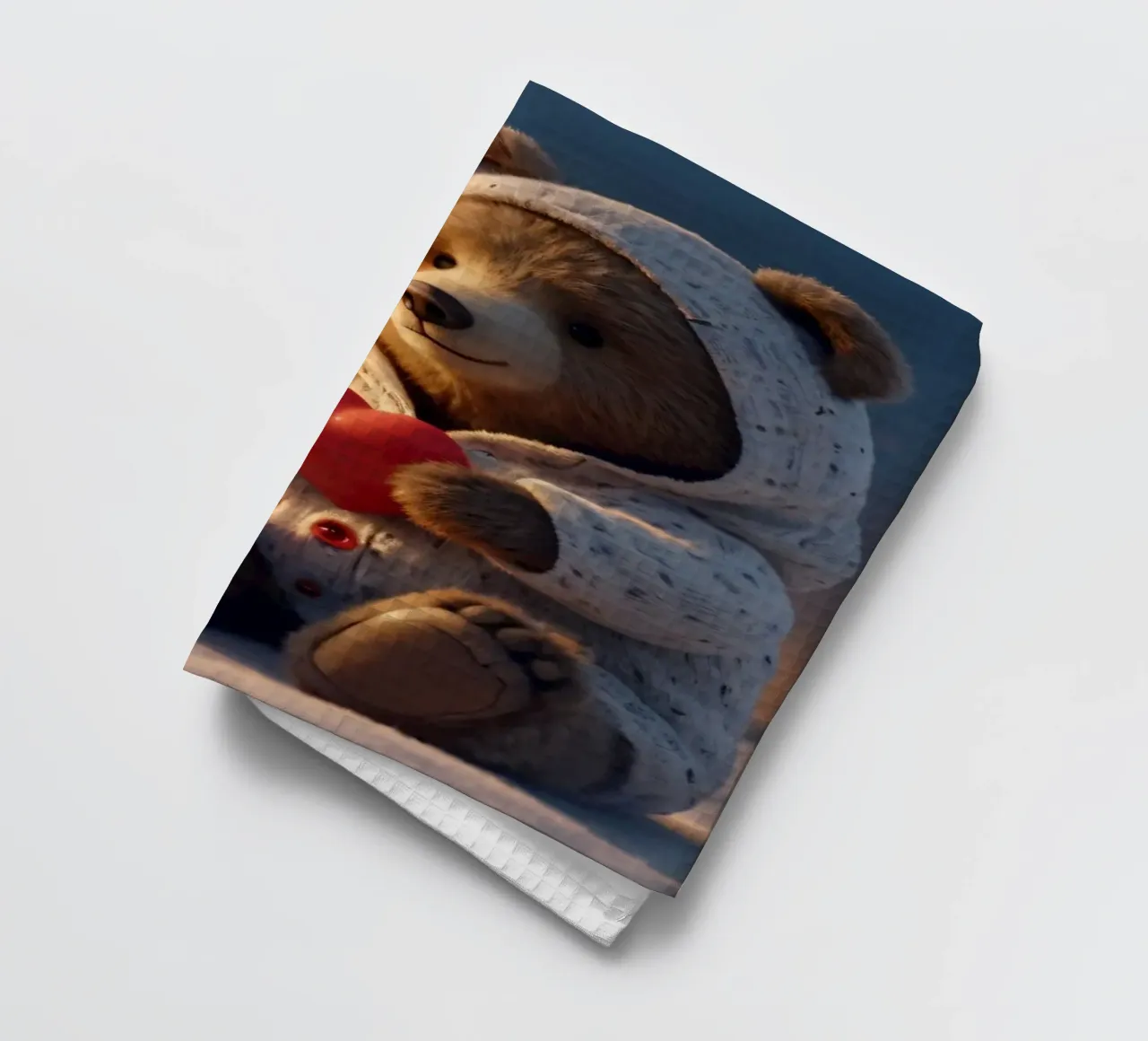 Un orsacchiotto con un'accogliente felpa con cappuccio stringe un cuore in una terra invernale canovaccio da cucina da DesignDoodle