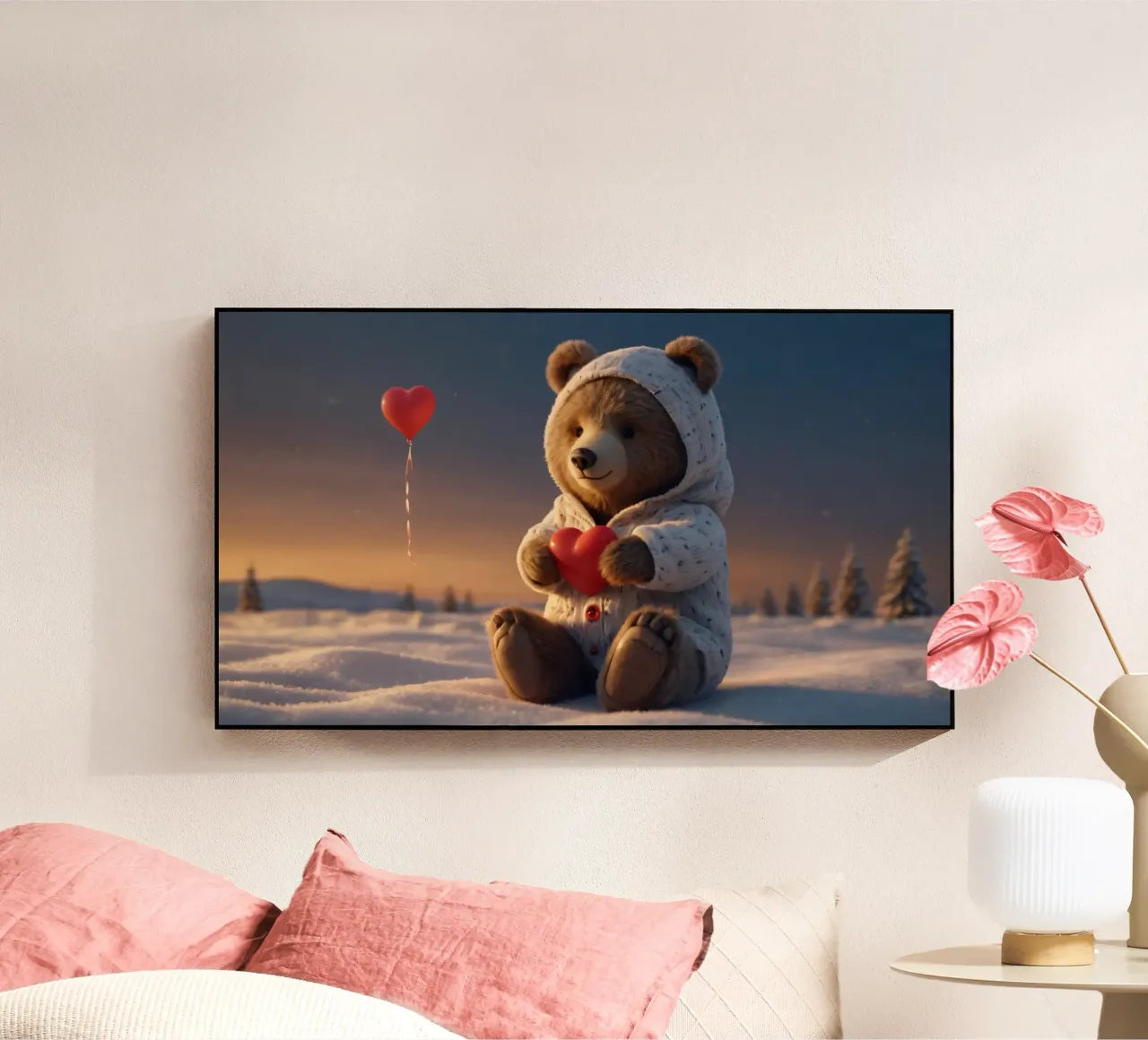 Un orsacchiotto con un'accogliente felpa con cappuccio stringe un cuore in una terra invernale plexiglass da DesignDoodle