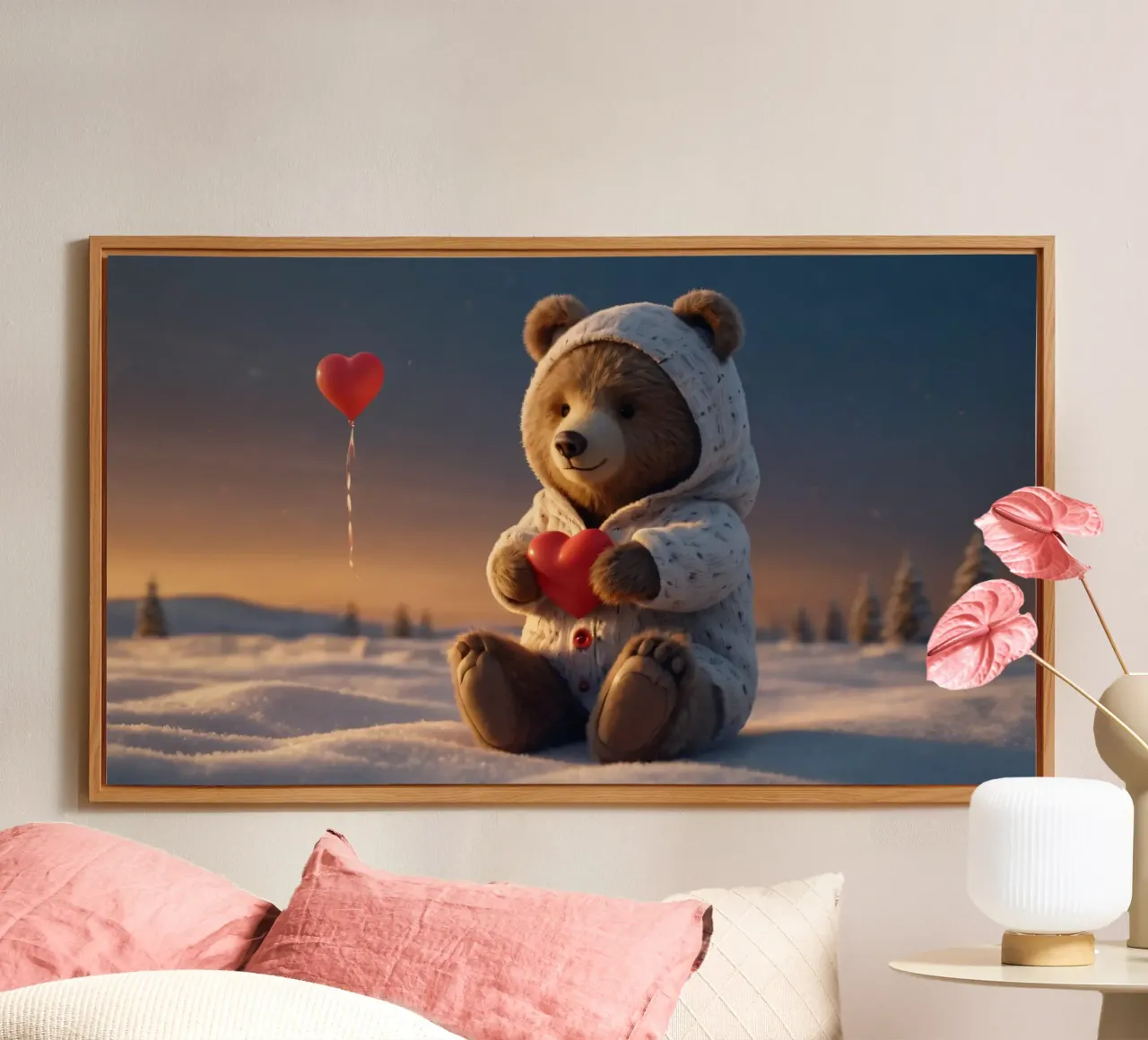 Un orsacchiotto con un'accogliente felpa con cappuccio stringe un cuore in una terra invernale alluminio dibond da DesignDoodle
