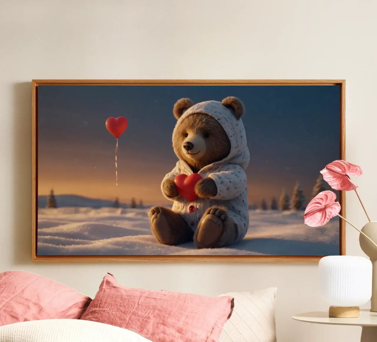 Un orsacchiotto con un'accogliente felpa con cappuccio stringe un cuore in una terra invernale tela da DesignDoodle