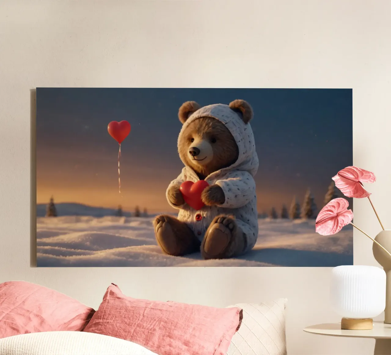 Un orsacchiotto con un'accogliente felpa con cappuccio stringe un cuore in una terra invernale tela da DesignDoodle