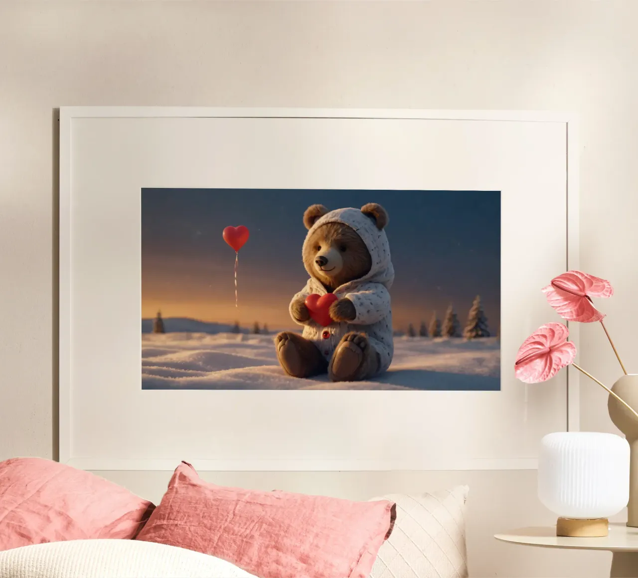 Un orsacchiotto con un'accogliente felpa con cappuccio stringe un cuore in una terra invernale poster da DesignDoodle