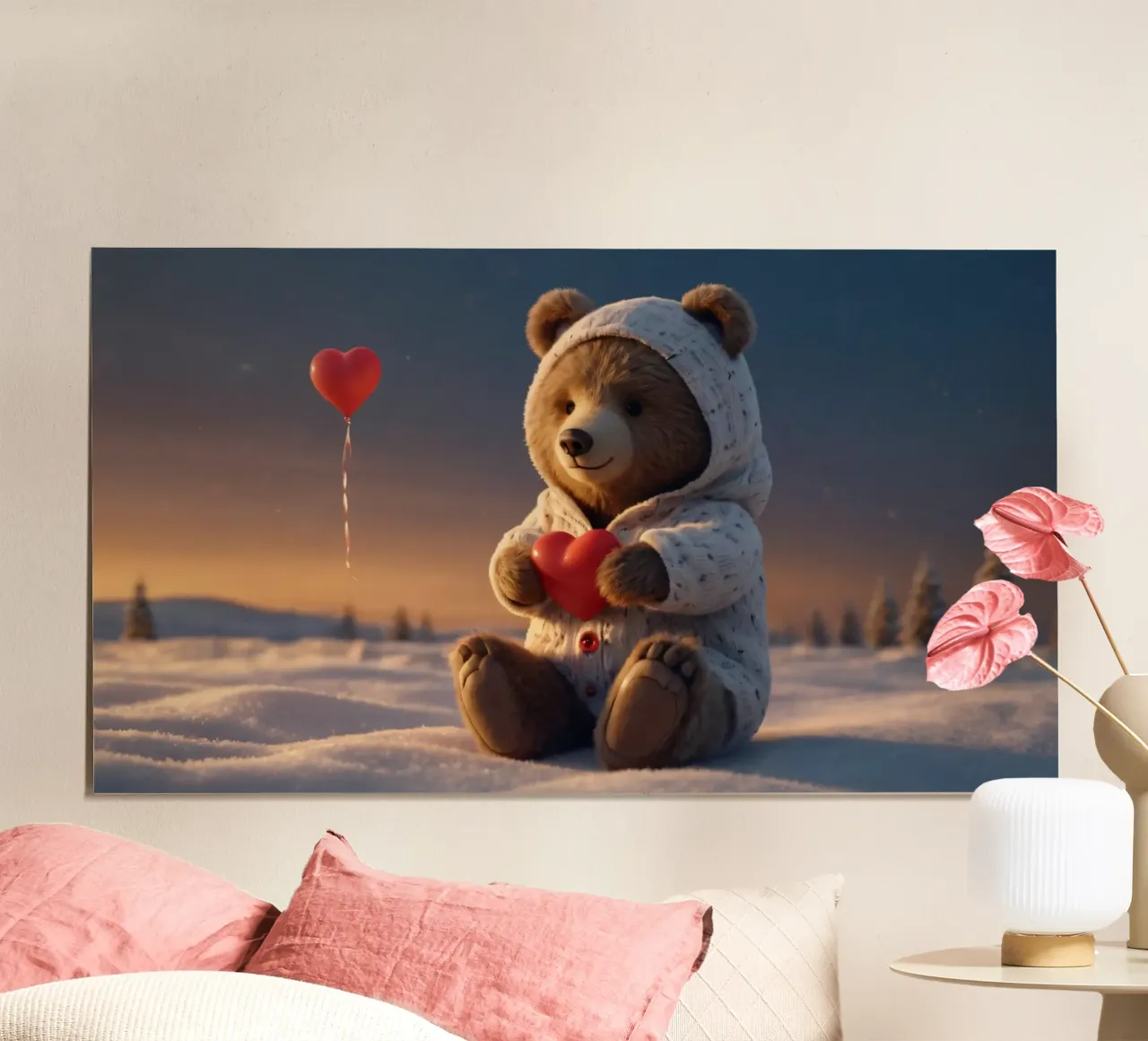 Un orsacchiotto con un'accogliente felpa con cappuccio stringe un cuore in una terra invernale poster da DesignDoodle