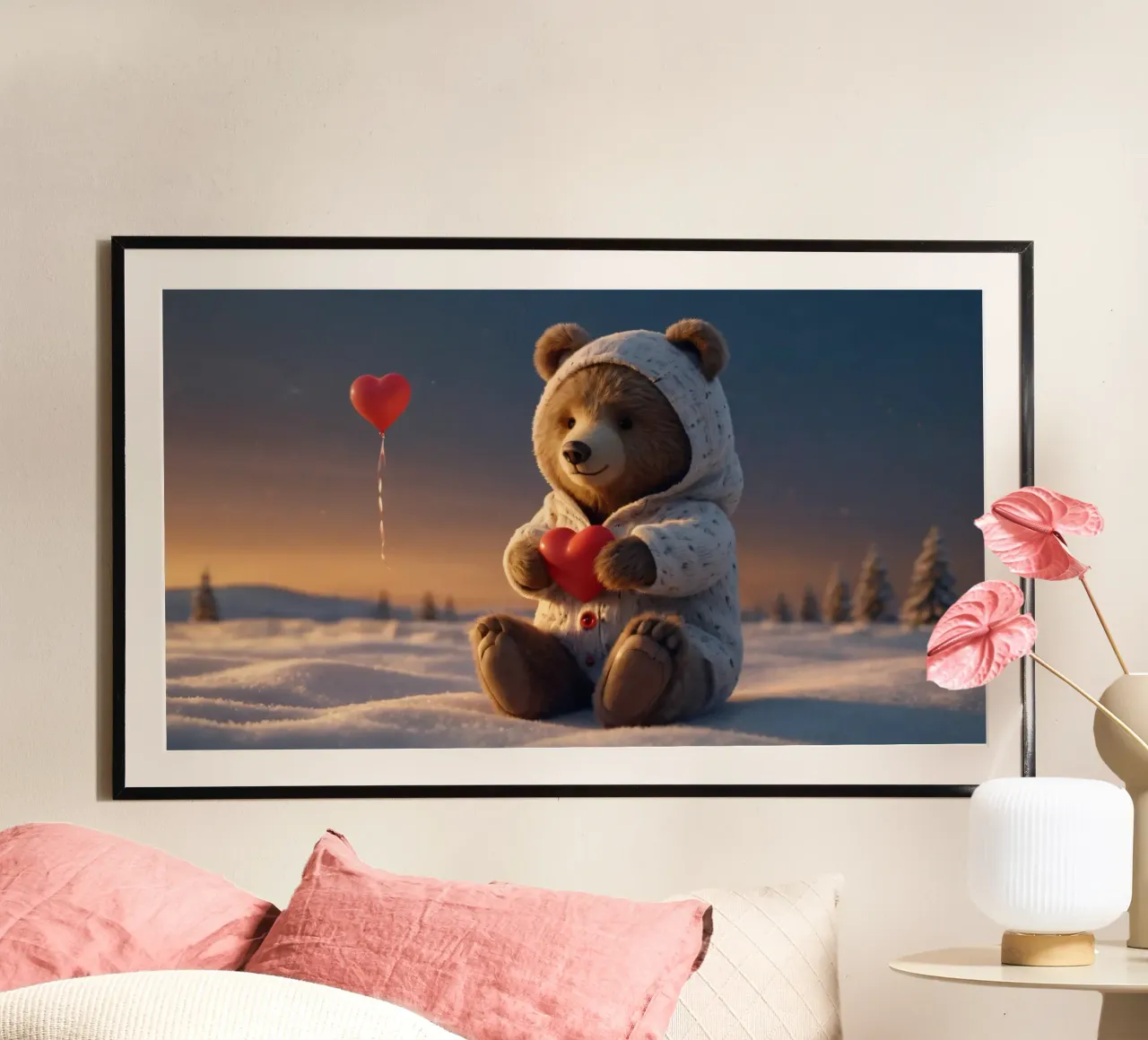 Un orsacchiotto con un'accogliente felpa con cappuccio stringe un cuore in una terra invernale poster da DesignDoodle