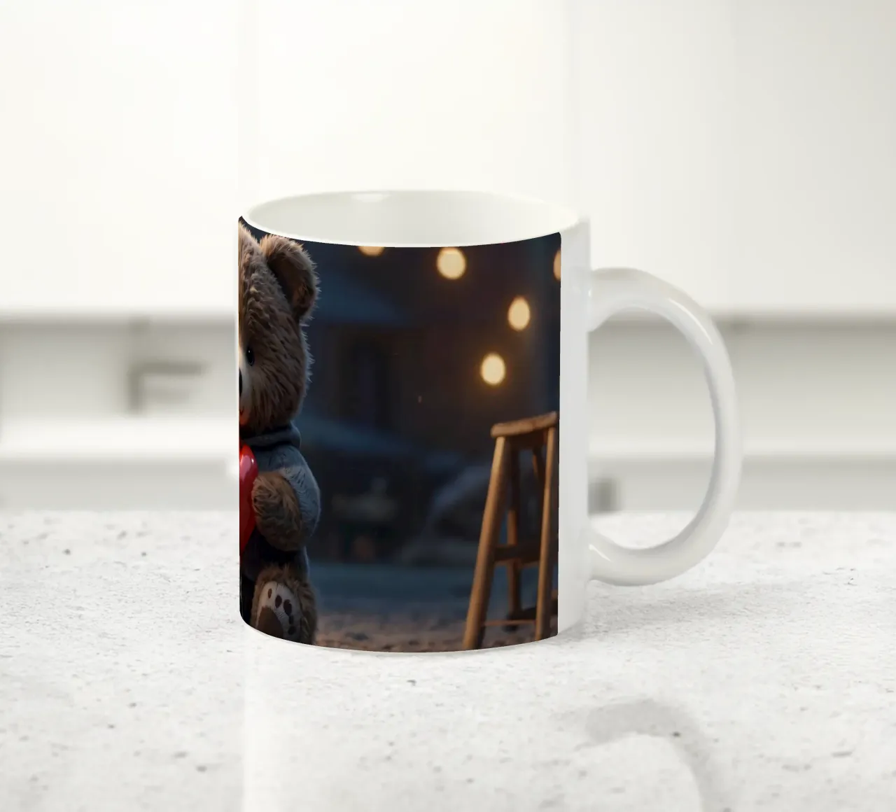 Un simpatico orsetto che tiene in mano palloncini a forma di cuore, San Valentino tazza in ceramica da DesignDoodle