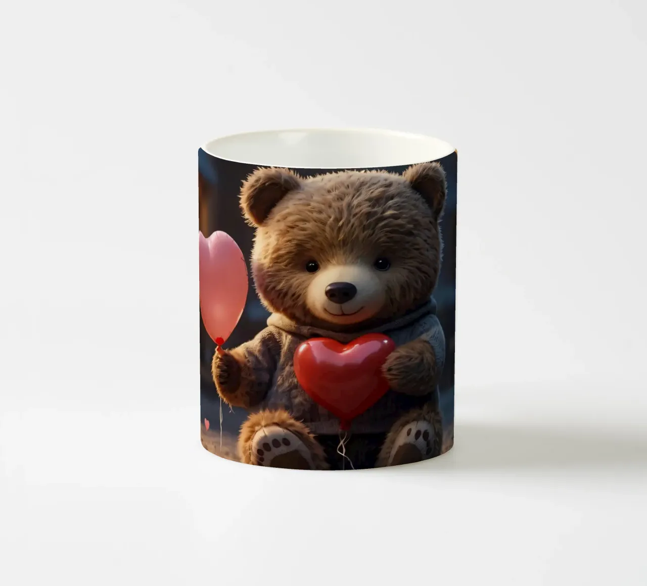Un simpatico orsetto che tiene in mano palloncini a forma di cuore, San Valentino tazza in ceramica da DesignDoodle
