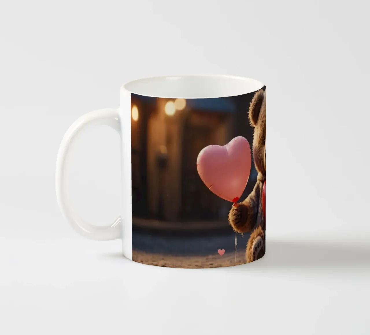 Un simpatico orsetto che tiene in mano palloncini a forma di cuore, San Valentino tazza in ceramica da DesignDoodle