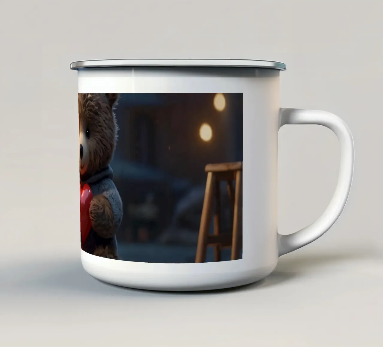 Un simpatico orsetto che tiene in mano palloncini a forma di cuore, San Valentino tazza in smalto da DesignDoodle