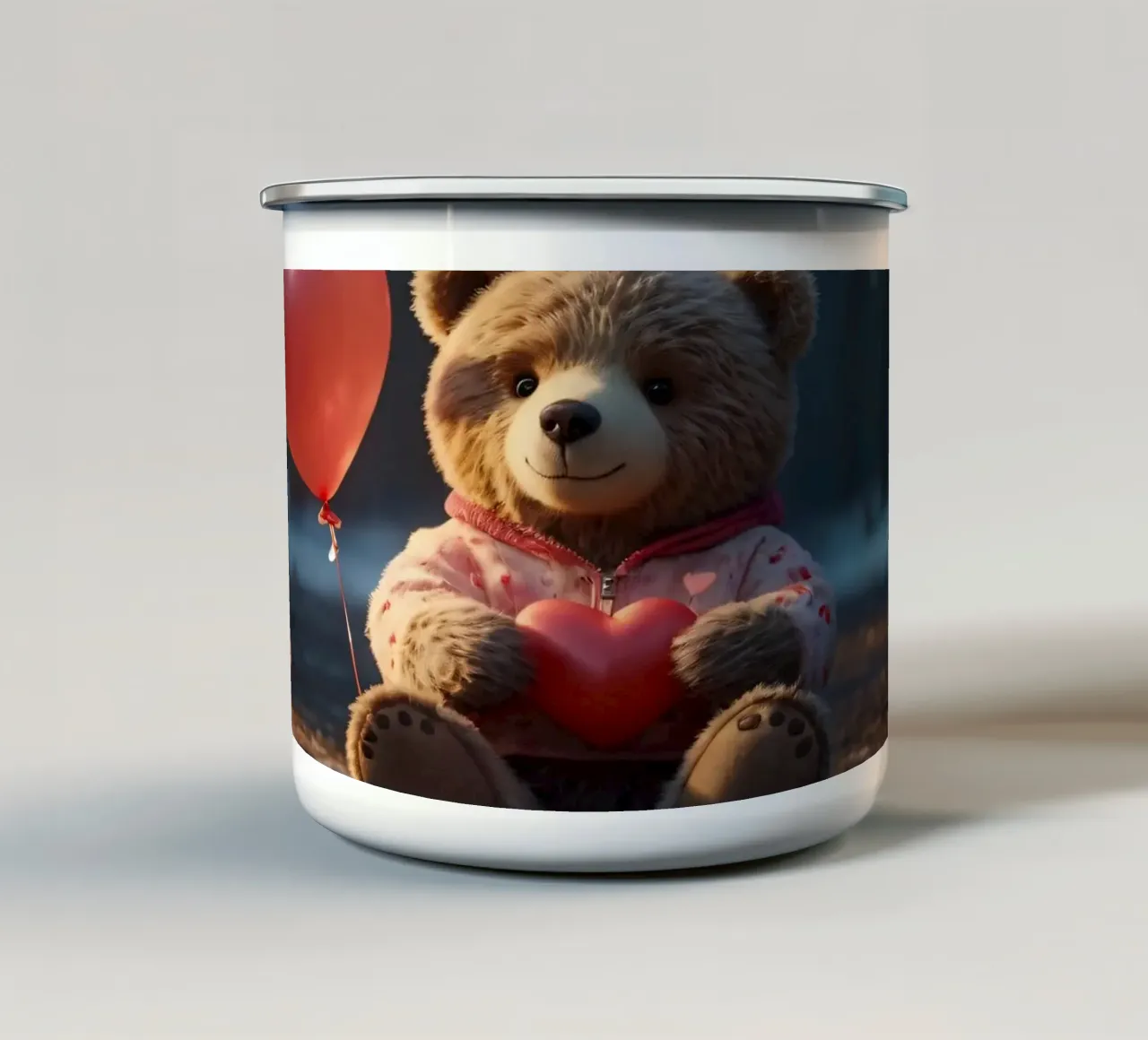 Un simpatico orsetto che tiene in mano un cuore, amore di San Valentino tazza in smalto da DesignDoodle