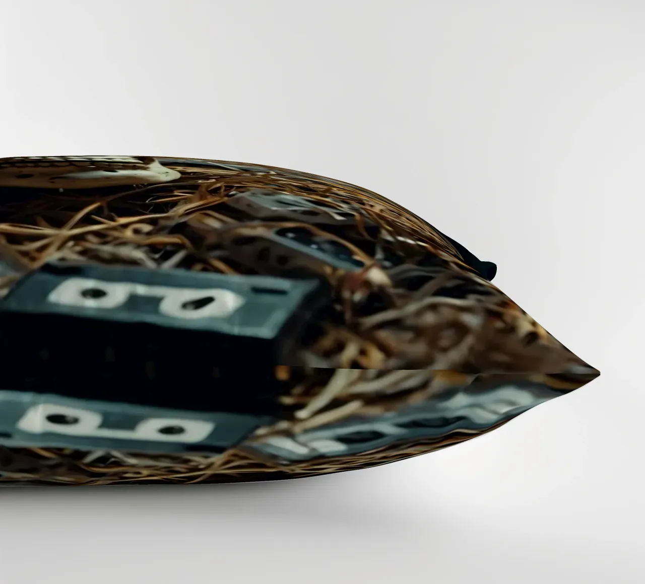 Un teschio che riposa tra vecchie cassette su un letto di paglia cuscino da DesignDoodle