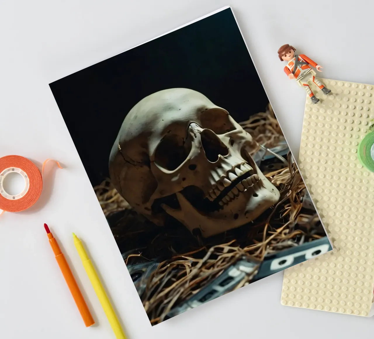 A skull resting amongst old cassette tapes on a bed of straw notebook by DesignDoodle