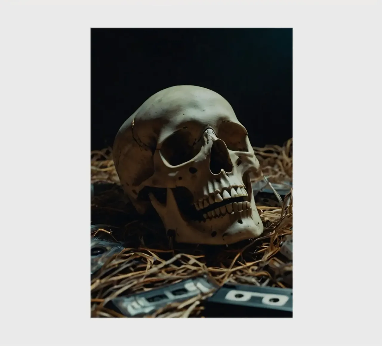 A skull resting amongst old cassette tapes on a bed of straw notebook by DesignDoodle
