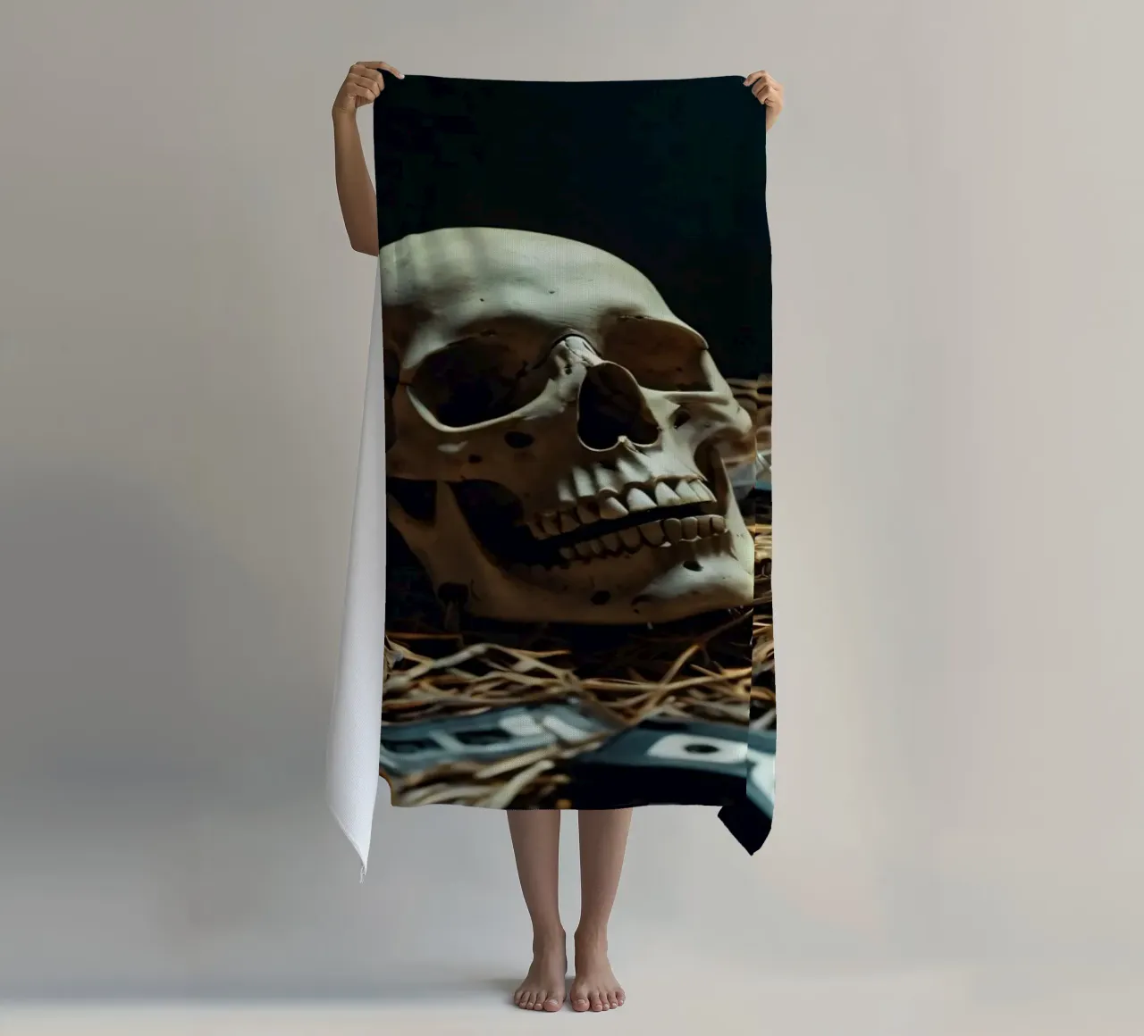 Un teschio che riposa tra vecchie cassette su un letto di paglia telo mare da DesignDoodle