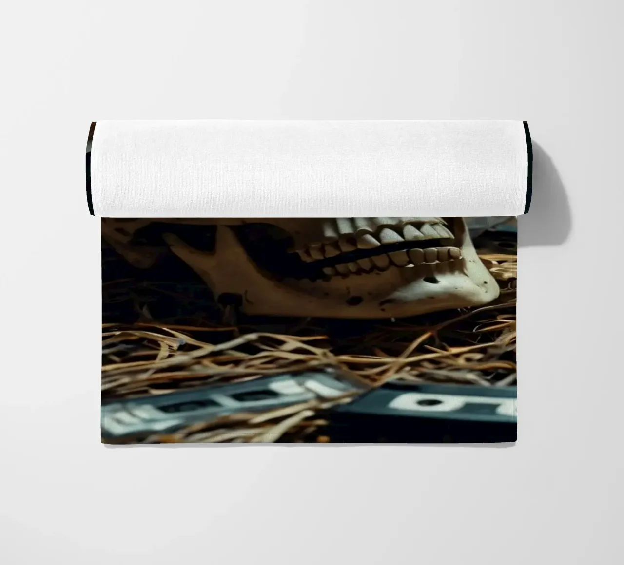 Un teschio che riposa tra vecchie cassette su un letto di paglia telo mare da DesignDoodle