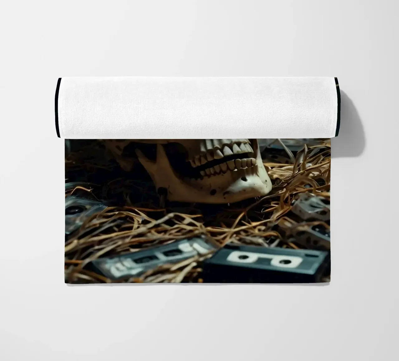 Un teschio che riposa tra vecchie cassette su un letto di paglia telo mare da DesignDoodle