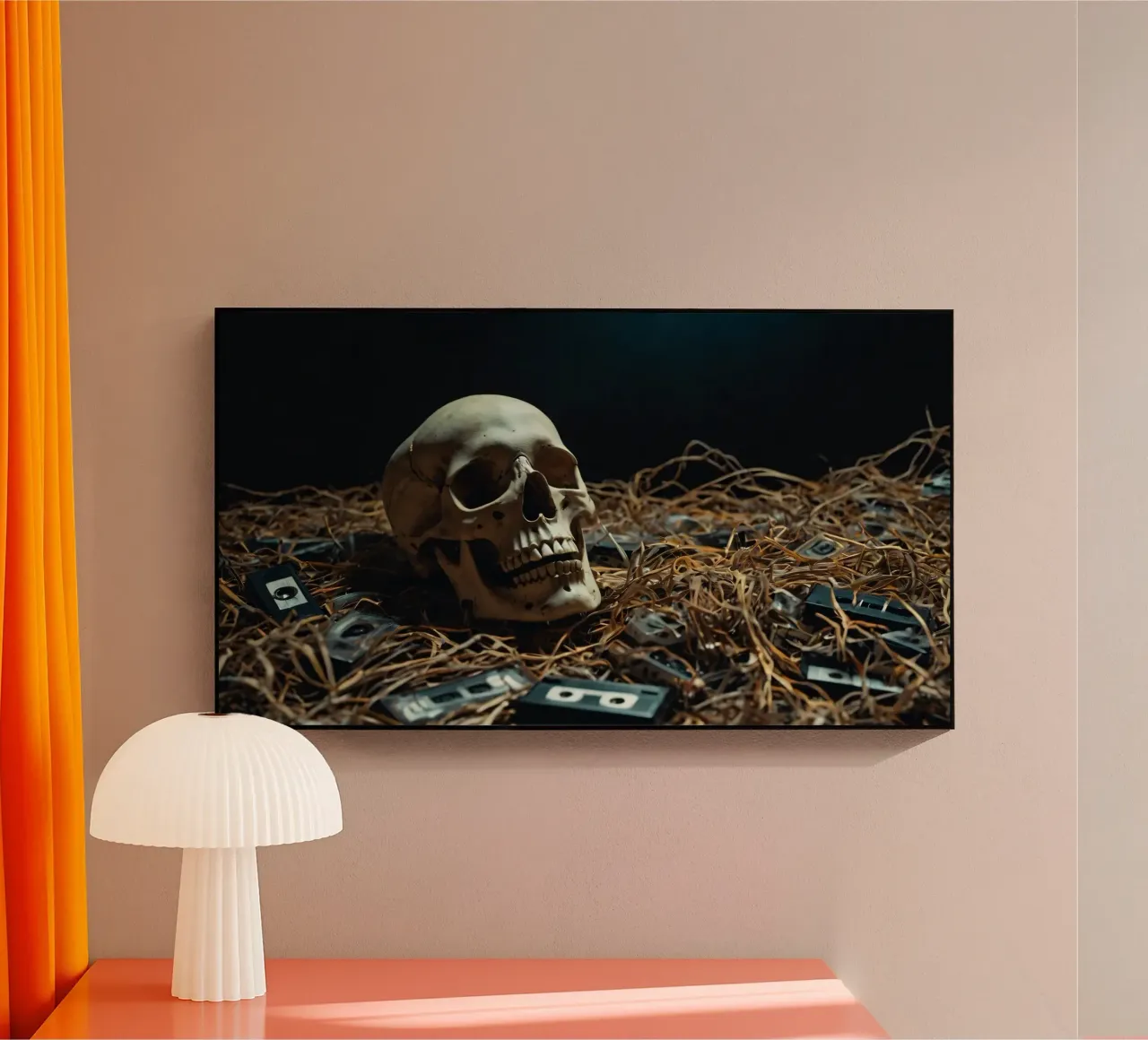Un teschio che riposa tra vecchie cassette su un letto di paglia plexiglass da DesignDoodle