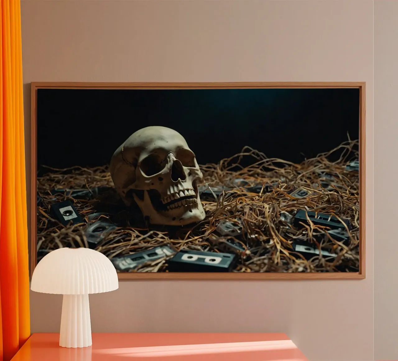 Un teschio che riposa tra vecchie cassette su un letto di paglia pannello forex da DesignDoodle