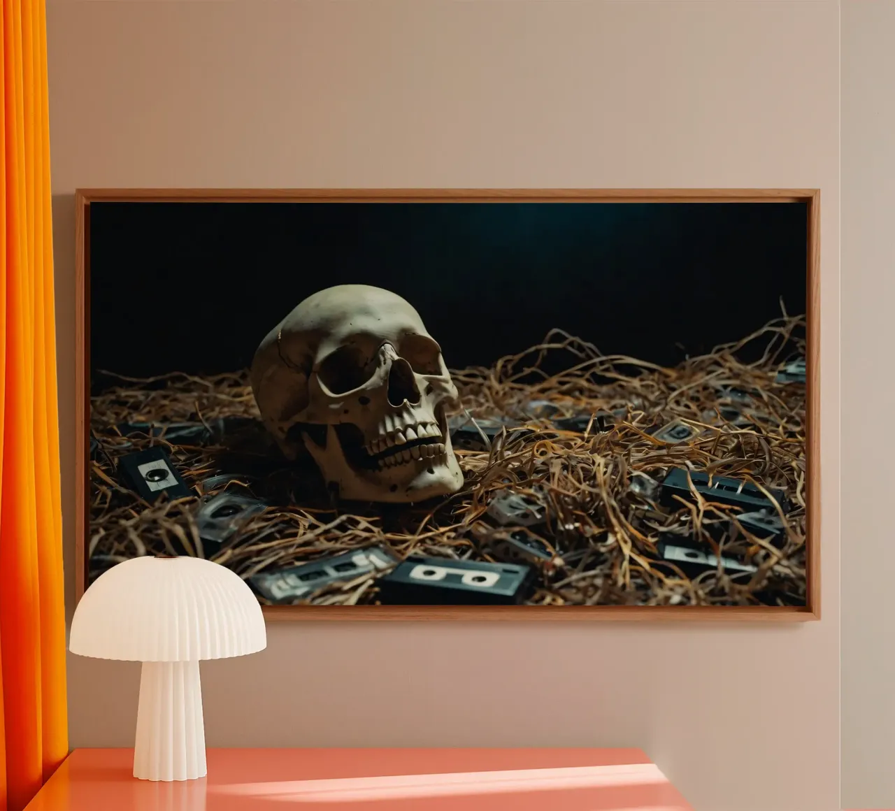 Un teschio che riposa tra vecchie cassette su un letto di paglia tela con Cornice a cassetta da DesignDoodle
