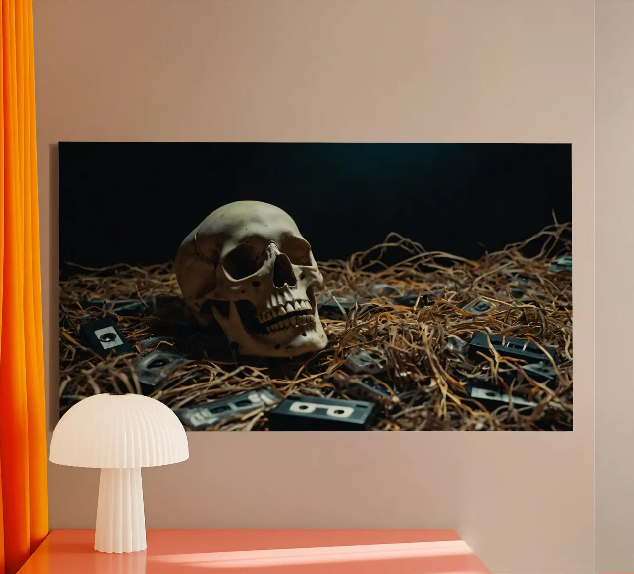 Un teschio che riposa tra vecchie cassette su un letto di paglia tela con Cornice a cassetta da DesignDoodle
