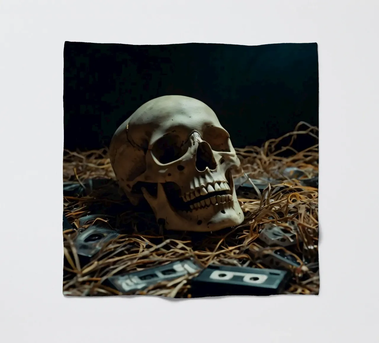 Un teschio che riposa tra vecchie cassette su un letto di paglia coperta in pile da DesignDoodle