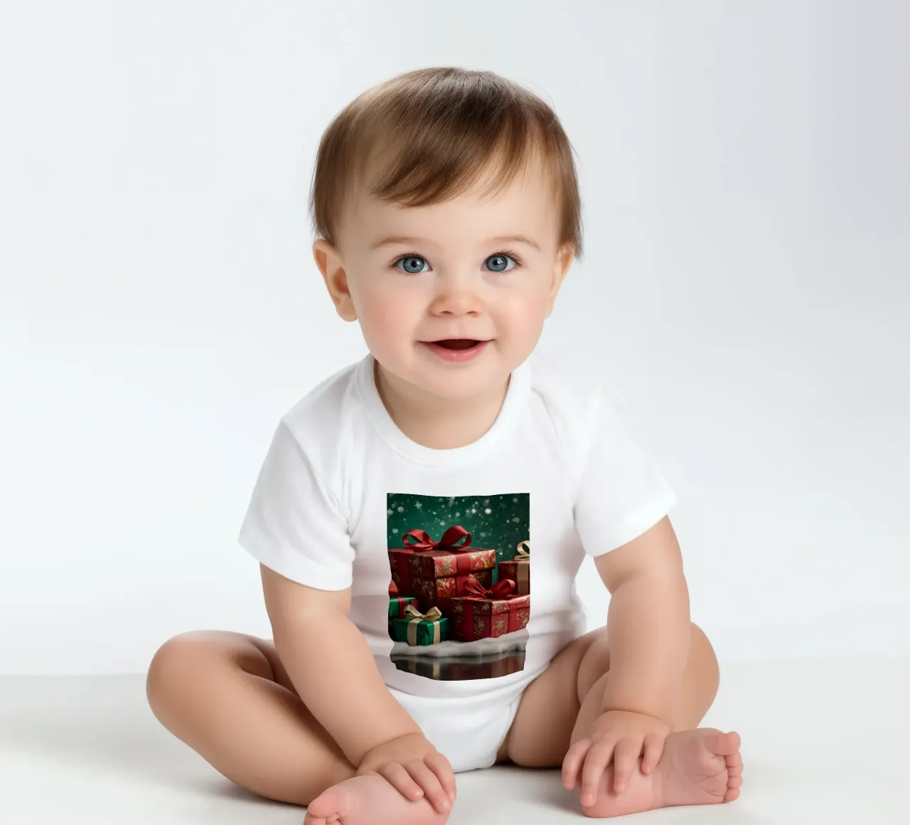 Colorful Christmas presents arranged on a snowy surface short-sleeve baby romper by DesignDoodle