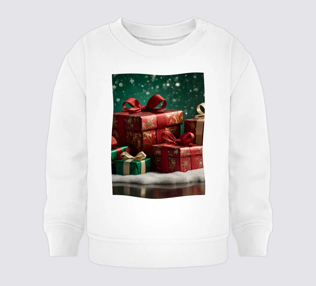 Regali di Natale colorati disposti su una superficie innevata felpa neonato da DesignDoodle