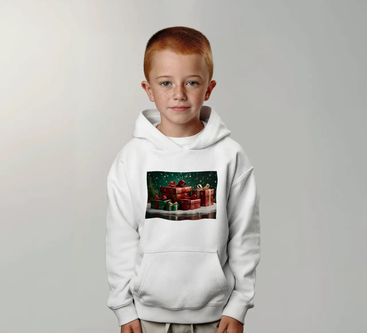 Cadeaux de Noël colorés disposés sur une surface enneigée sweat à capuche enfant de DesignDoodle