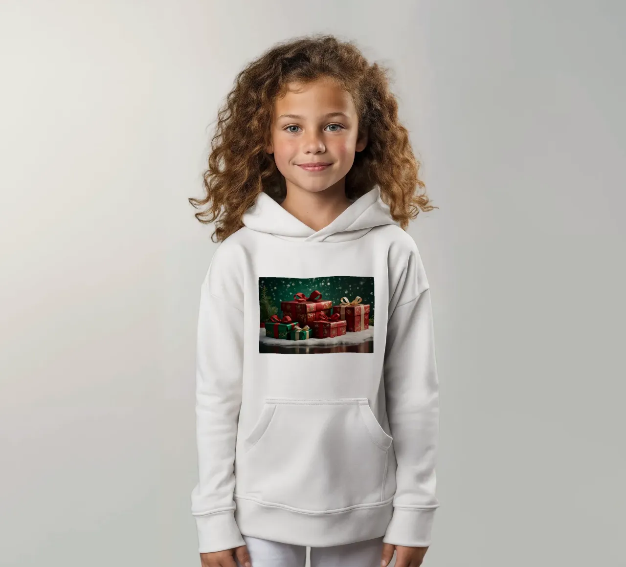 Cadeaux de Noël colorés disposés sur une surface enneigée sweat à capuche enfant de DesignDoodle