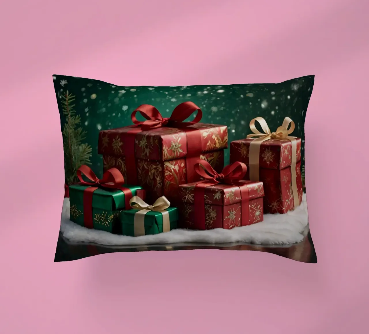 Regali di Natale colorati disposti su una superficie innevata cuscino da DesignDoodle