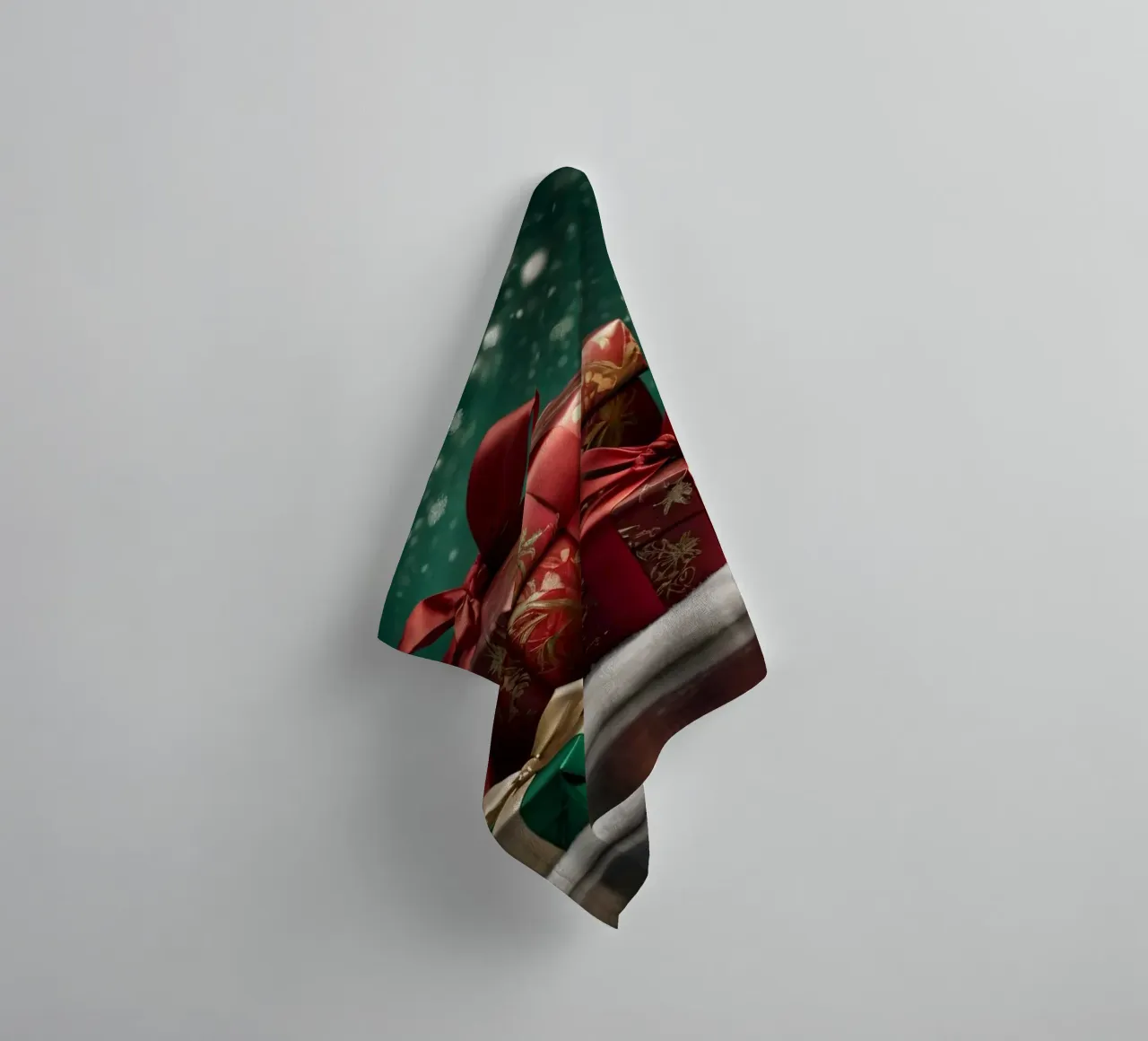 Colorful Christmas presents arranged on a snowy surface towel by DesignDoodle