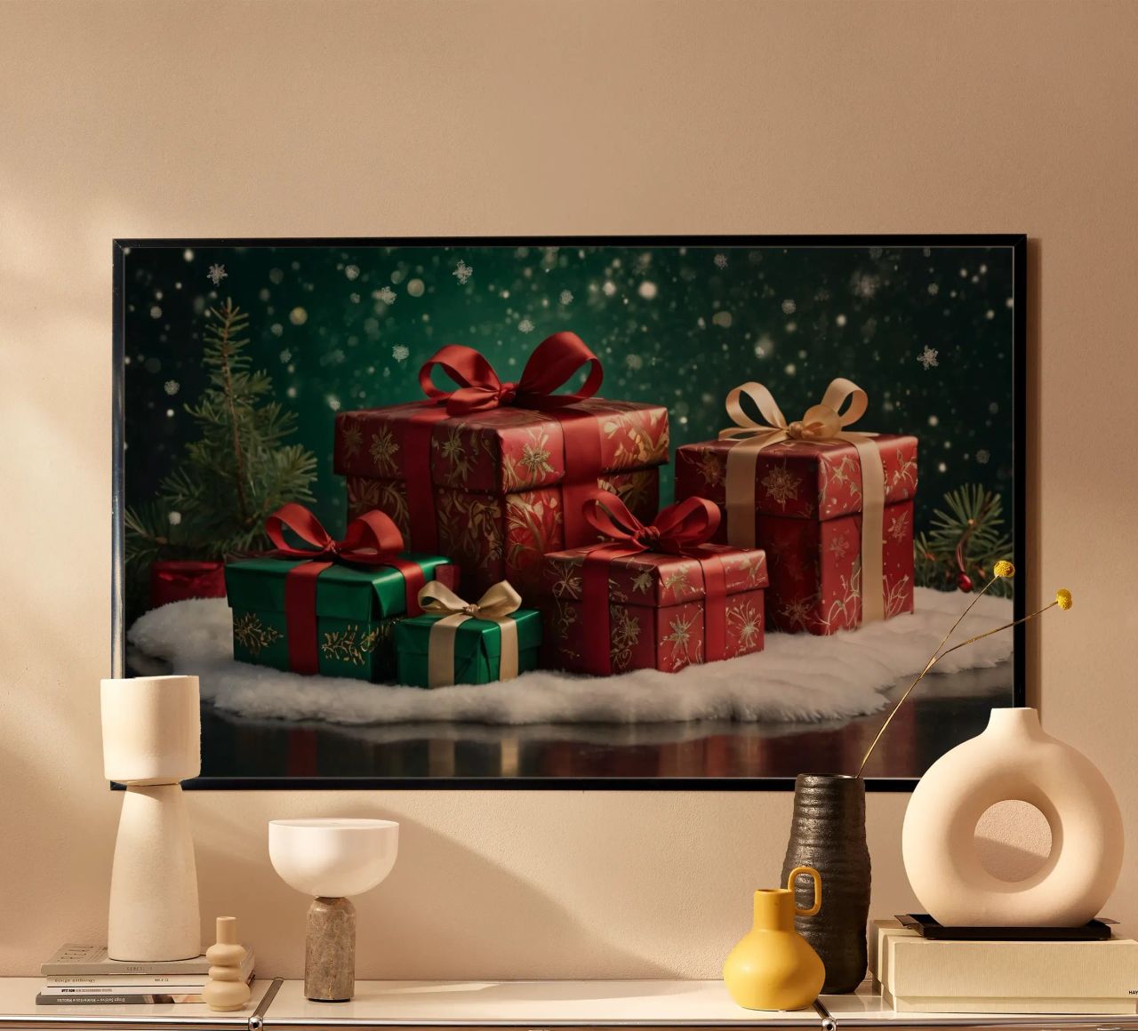 Kleurrijke kerstcadeaus op een besneeuwde ondergrond poster met aluminium frame van DesignDoodle