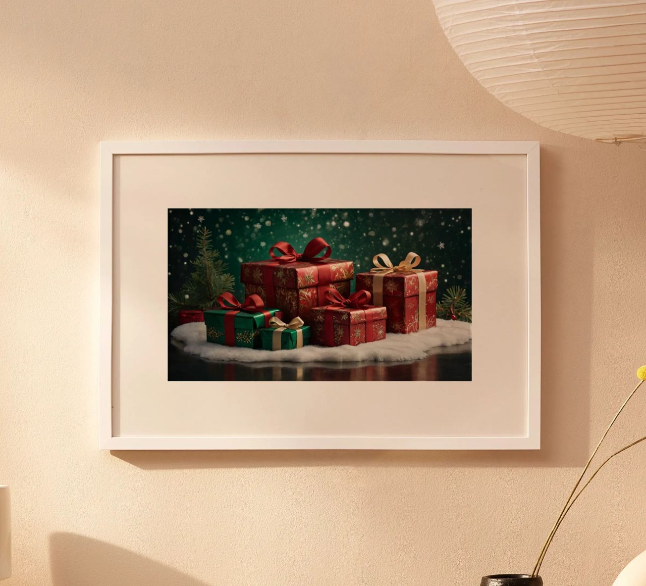 Kleurrijke kerstcadeaus op een besneeuwde ondergrond poster met aluminium frame van DesignDoodle