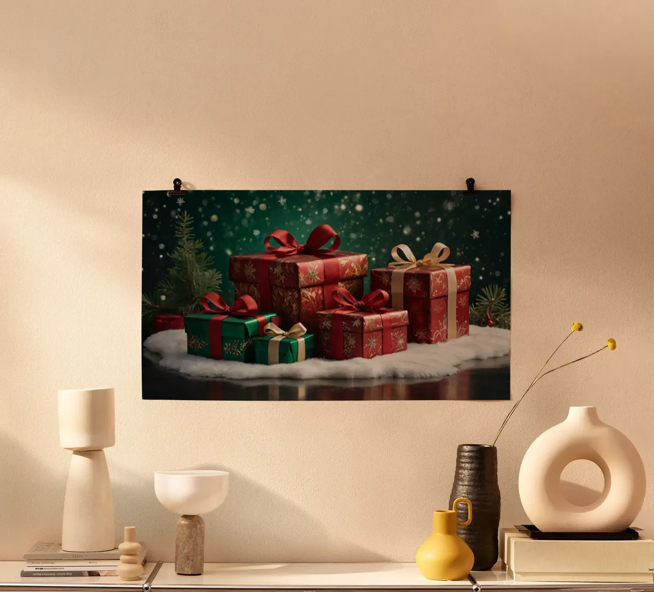 Colorful Christmas presents arranged on a snowy surface hahnemühle by DesignDoodle