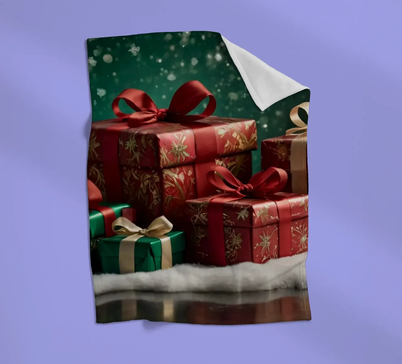 Bunte Weihnachtsgeschenke auf einer verschneiten Fläche angeordnet Fleecedecke von DesignDoodle