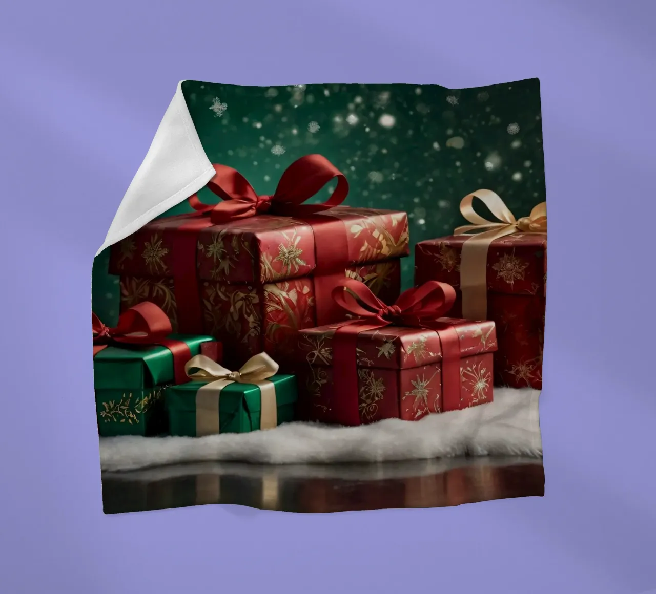 Bunte Weihnachtsgeschenke auf einer verschneiten Fläche angeordnet Fleecedecke von DesignDoodle