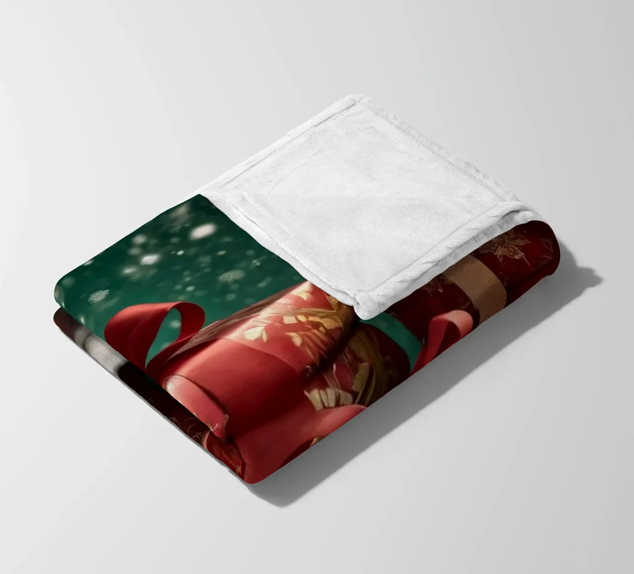 Bunte Weihnachtsgeschenke auf einer verschneiten Fläche angeordnet Fleecedecke von DesignDoodle