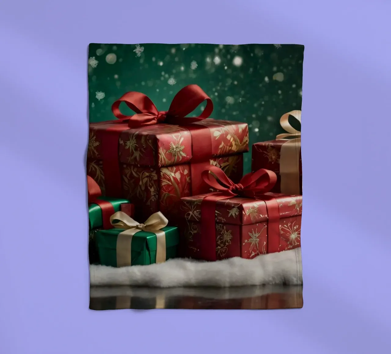 Bunte Weihnachtsgeschenke auf einer verschneiten Fläche angeordnet Fleecedecke von DesignDoodle